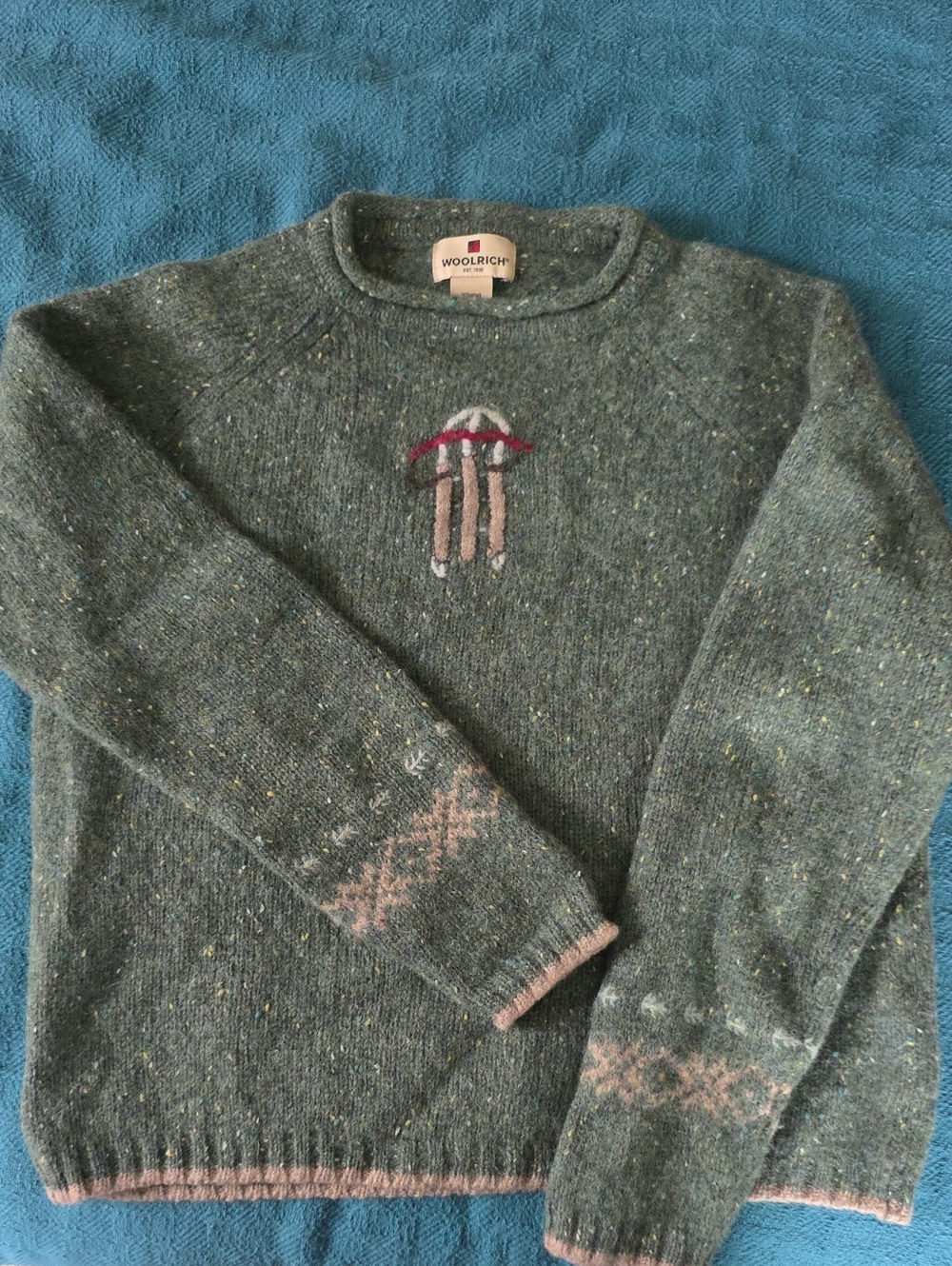 Woolrich Green Speckled Crewneck with Pink Fair Isle Accents